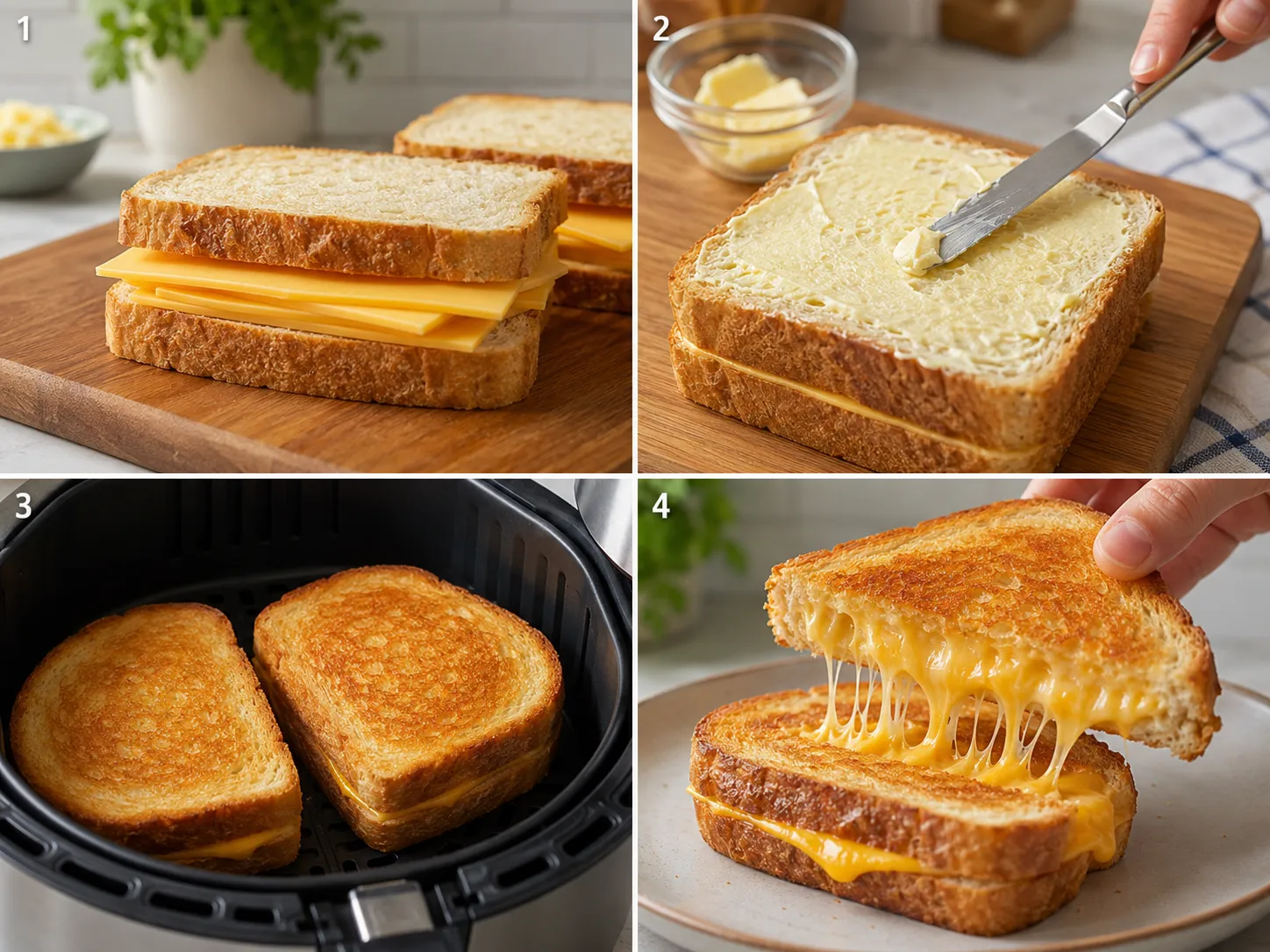 Four steps for making air fryer grilled cheese from assembly to melting