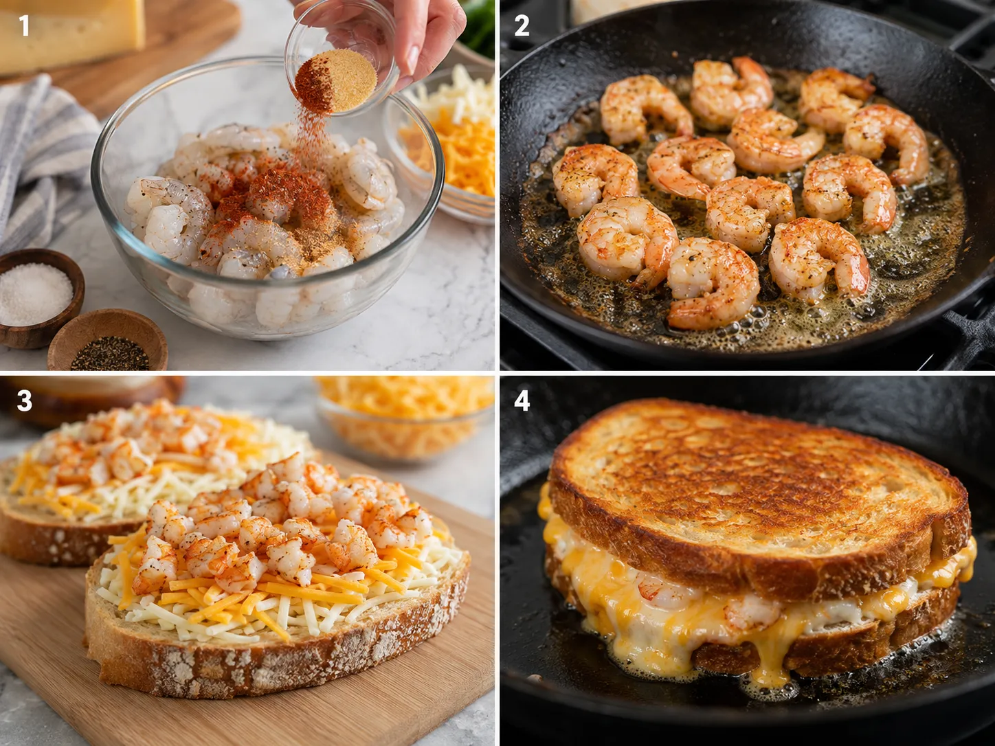 Four steps for making shrimp grilled cheese in a skillet