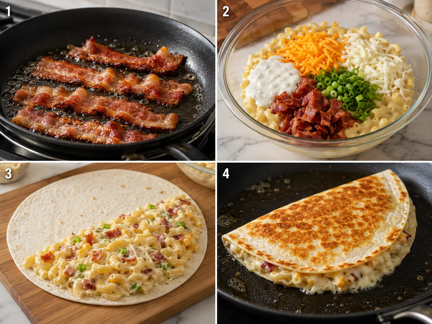 Four cooking steps for bacon ranch mac and cheese quesadillas