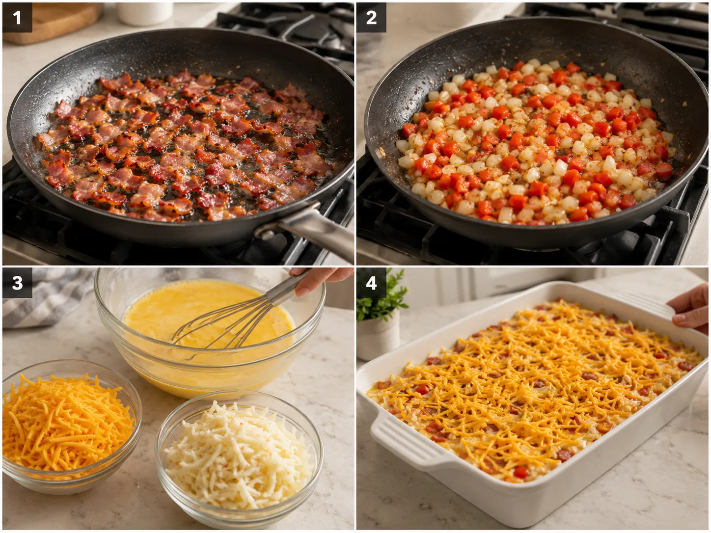 Four steps for making bacon egg and cheese breakfast bake