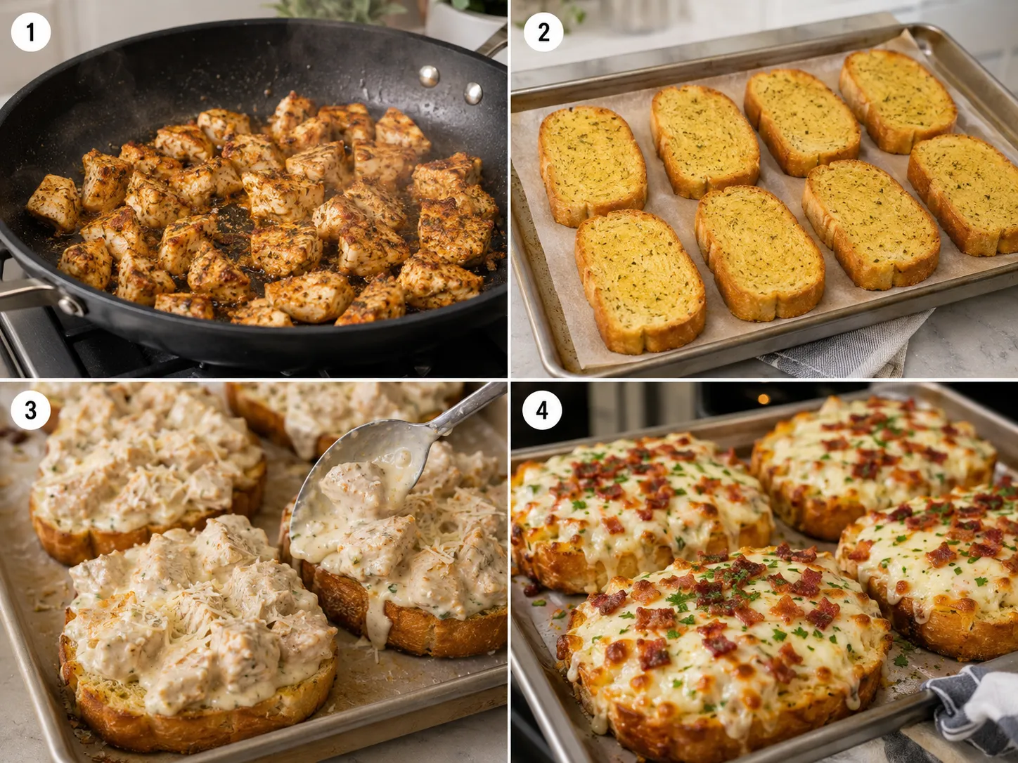 Four cooking steps for Chicken Alfredo Texas Toast