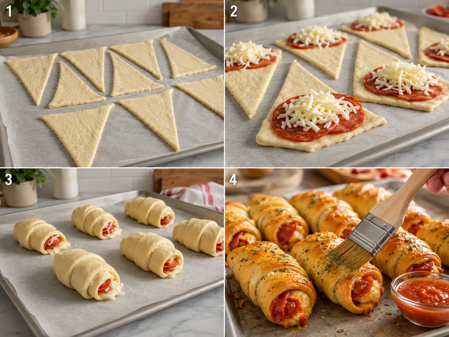 Four steps for making pepperoni pizza roll-ups from filling to brushing