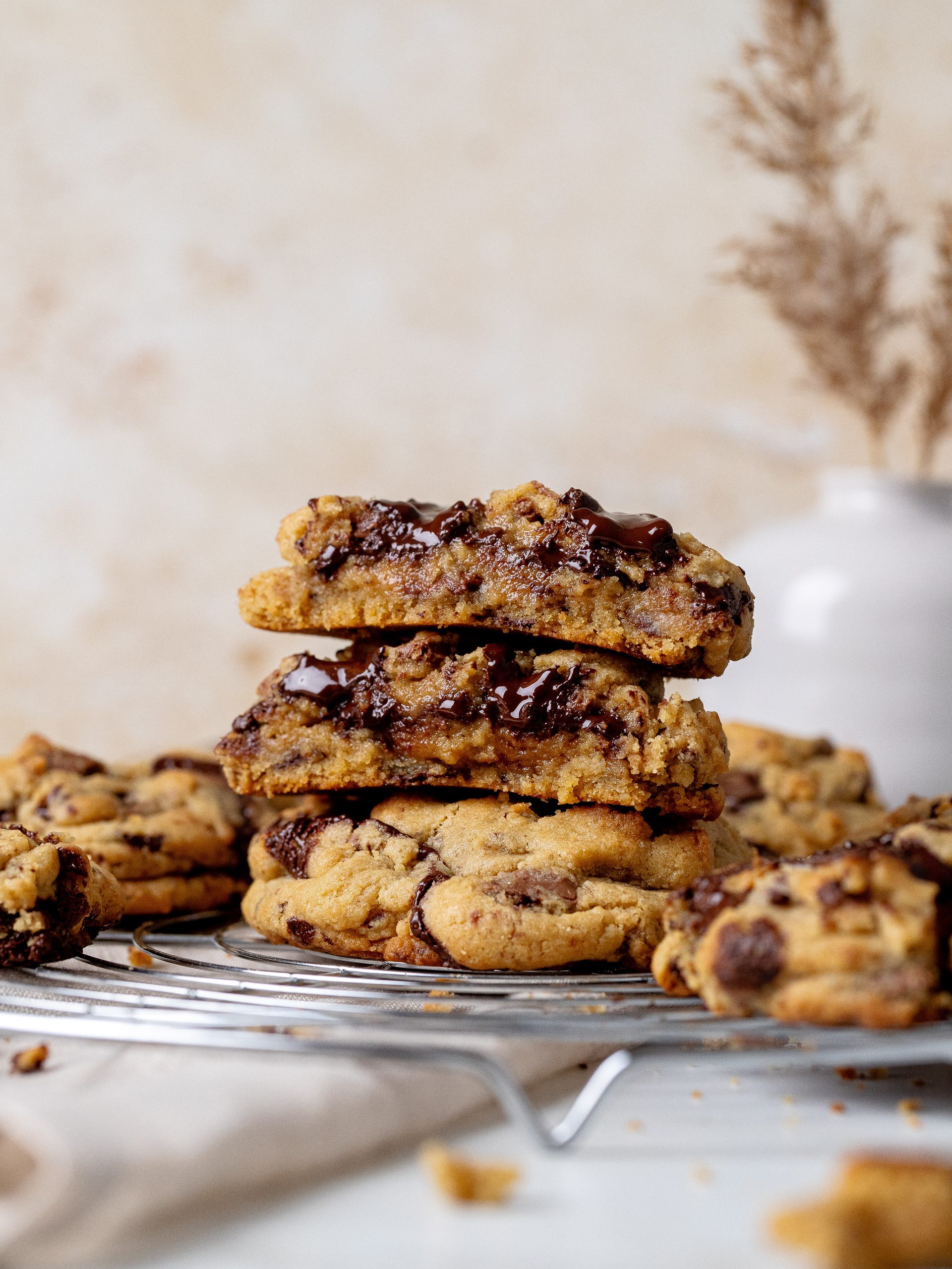 Thick chocolate chip cookie with a soft center and melted milk and dark chocolate